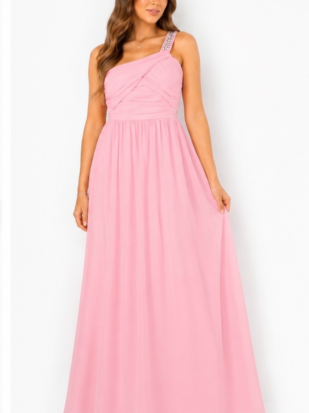 Alfred Angelo Pink One-Shoulder Chiffon Gown with Beaded Strap